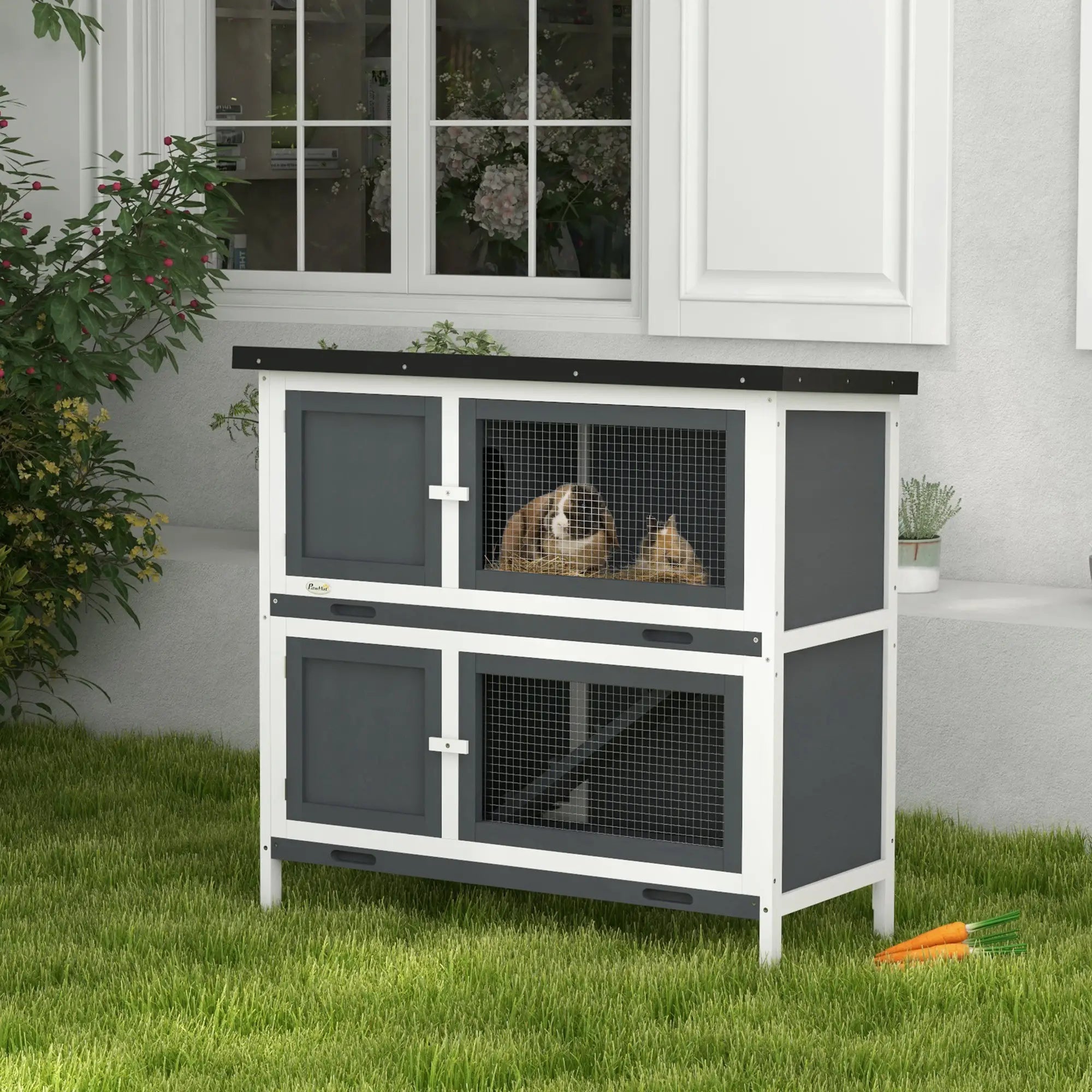 Wood Rabbit Hutch, 2 Large Main House, Ramp, Trays, Grey Rabbit Hutch at Gallery Canada