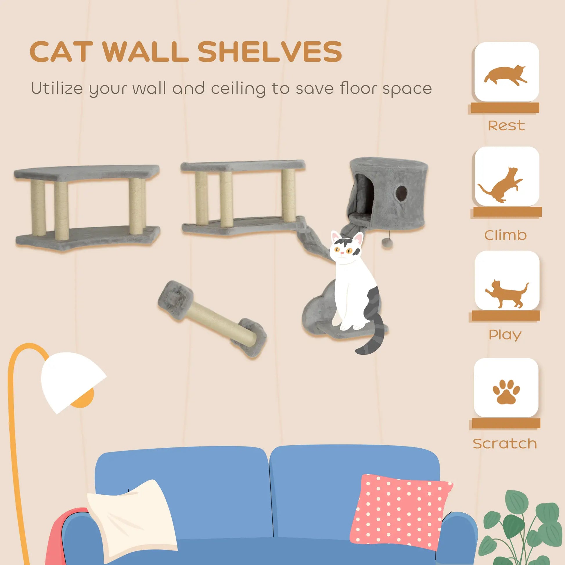 Wall Mounted Cat Shelves, Scratching Post, Ladder, Condo, Light Grey Cat Climbing Wall at Gallery Canada