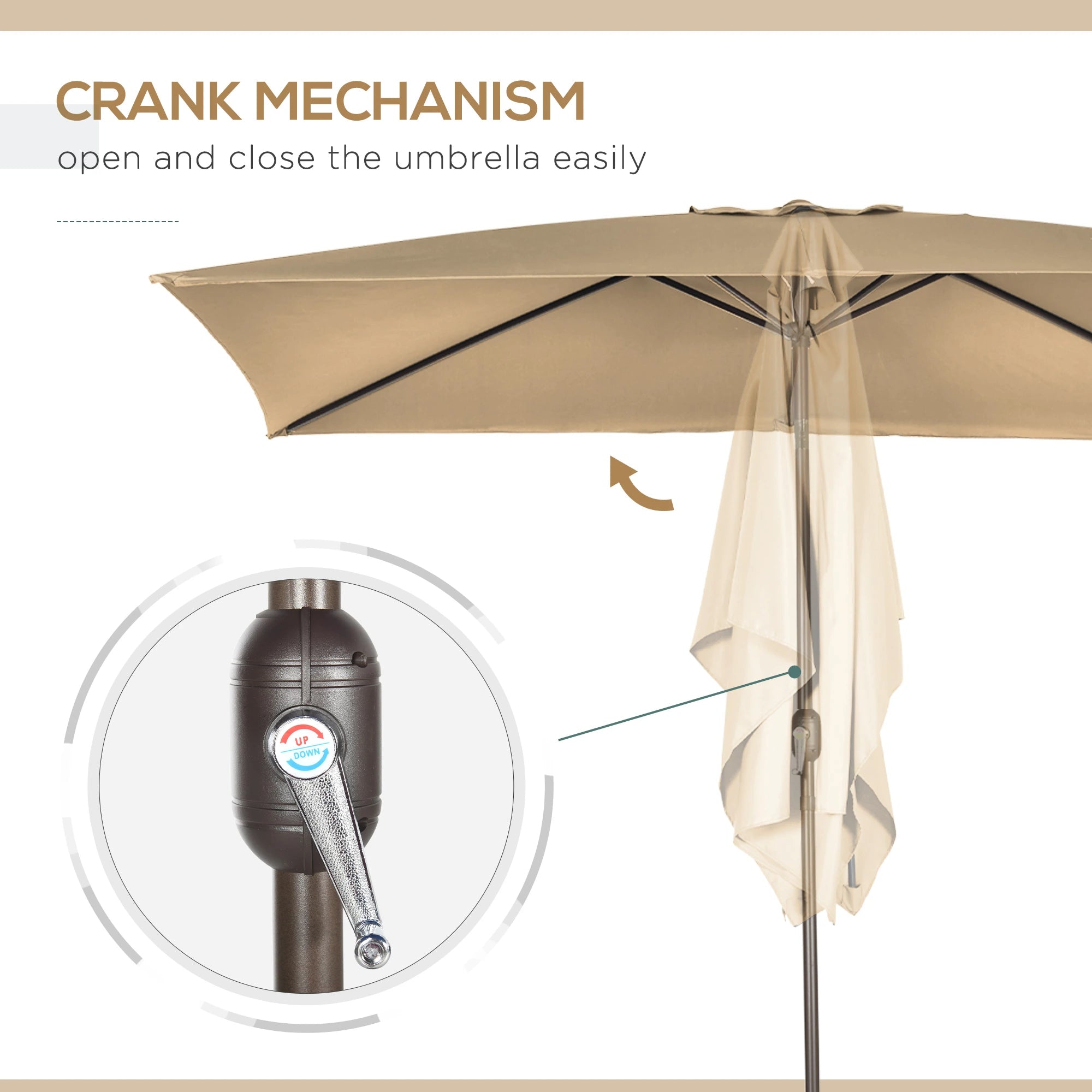 6.5x10ft Rectangle Patio Umbrella, Aluminum Frame, Crank Handle, Tan Sun Umbrellas at Gallery Canada