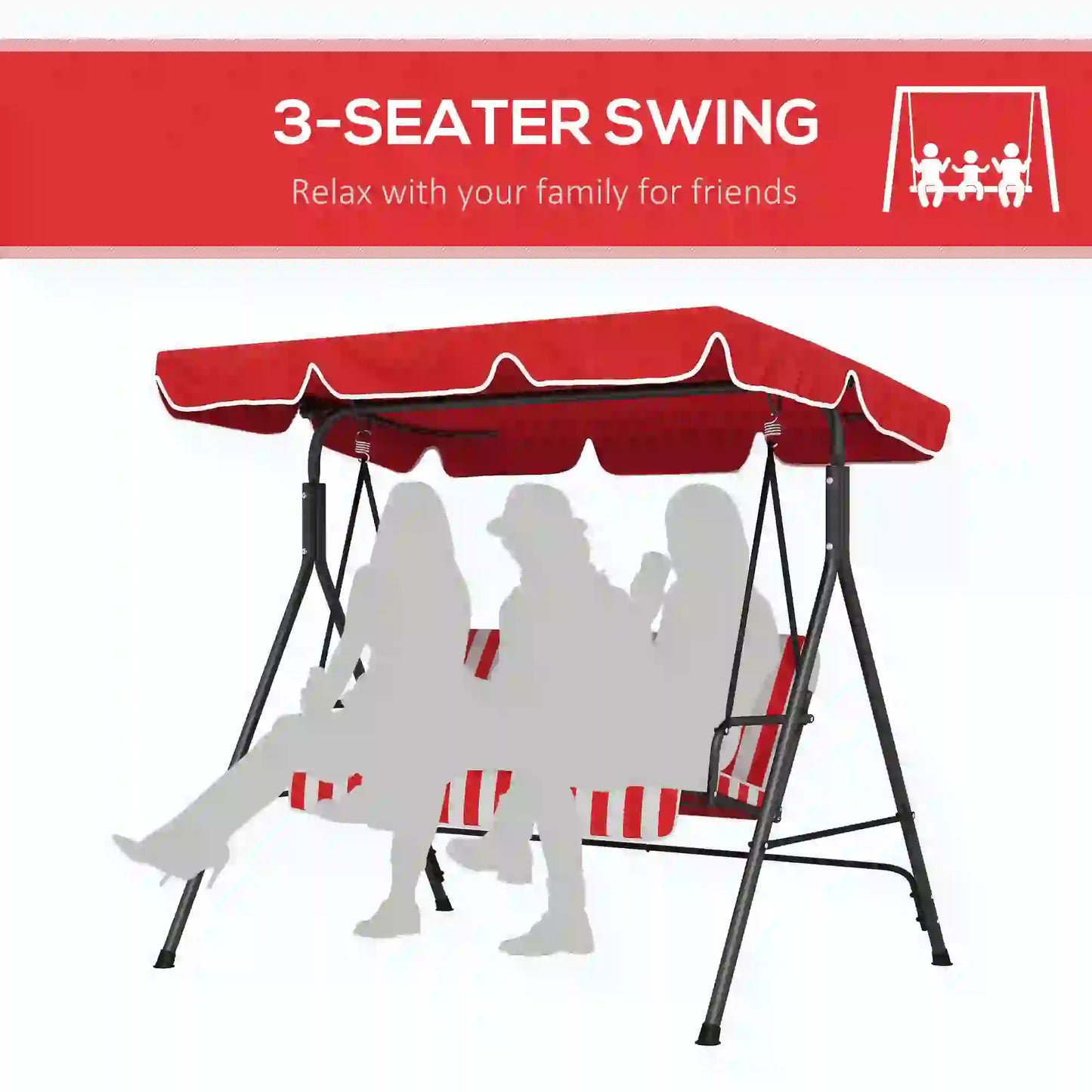 3-Seater Outdoor Porch Swing, Adjustable Canopy, Red Patio Swings with Stand at Gallery Canada