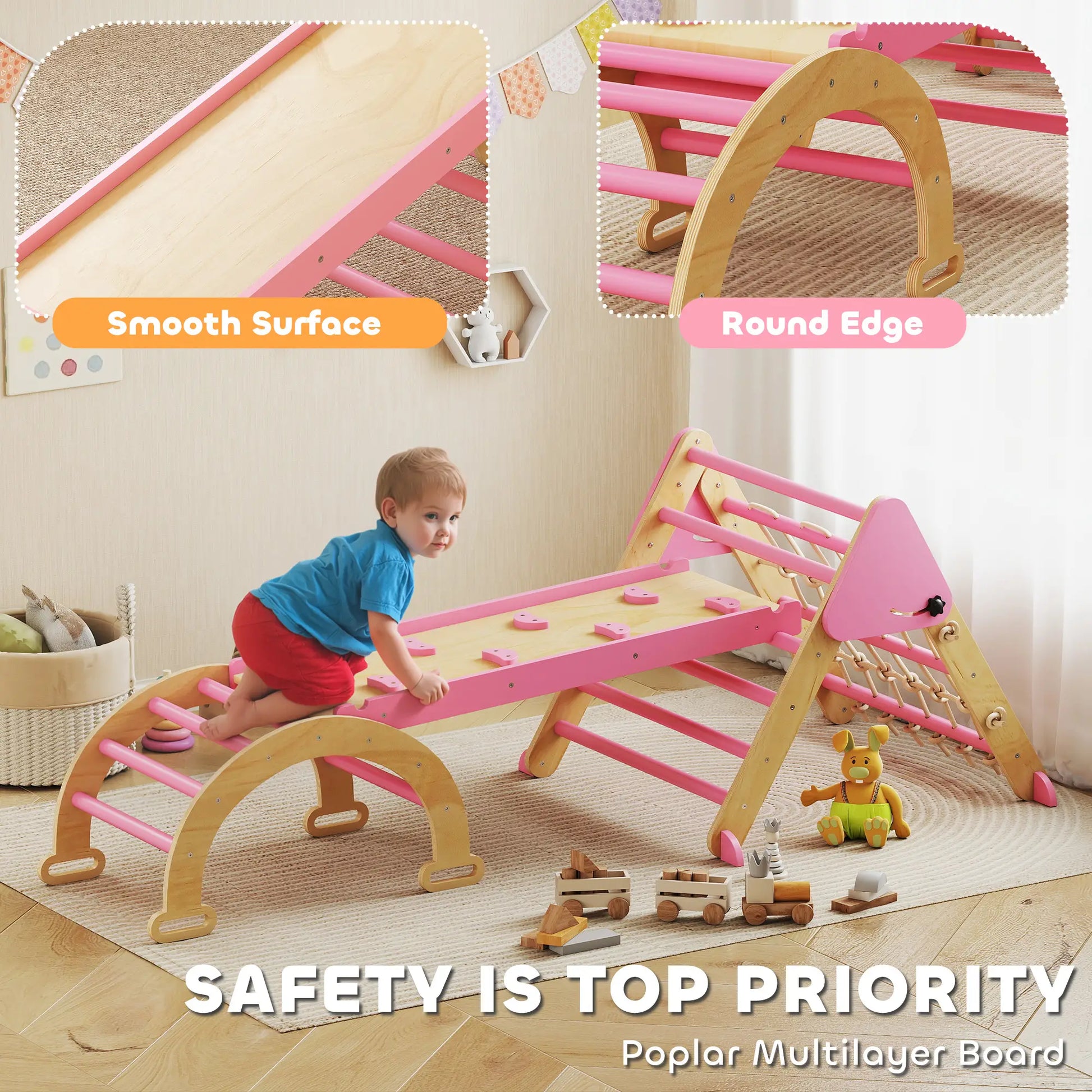 8-in-1 Pikler Triangle Set, Foldable Wooden Climbing Toys, Pink Kids Gym & Playmats at Gallery Canada