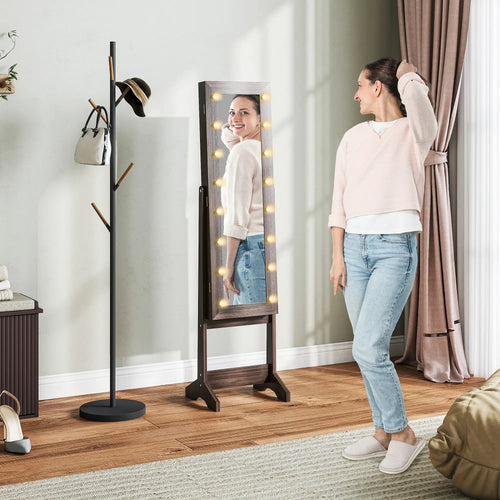 Lighted Mirrored Jewelry Cabinet, Angle Adjustable, 16 LED Lights, Dark Brown