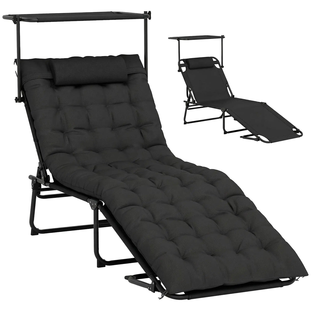 Folding Lounge Chair With Adjustable Canopy, 4-Position Tanning Chair, Black Lounger Chairs at Gallery Canada