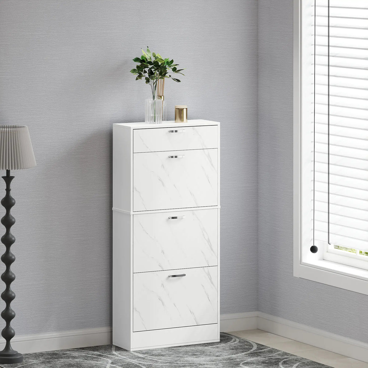 3 Flip Drawer Shoe Cabinet, Marble-Effect Narrow, White