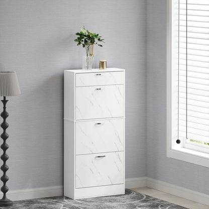 3 Flip Drawer Shoe Cabinet, Marble-Effect Narrow, White