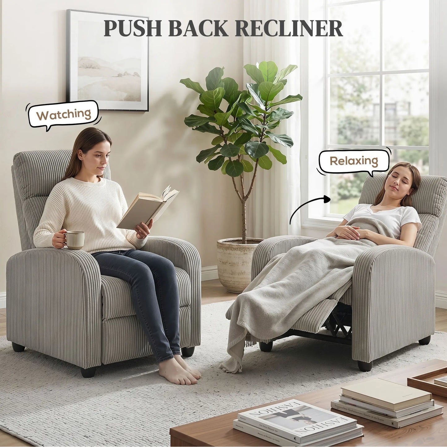 Corduroy Push Back Recliner Chair with Padded Seat, Grey