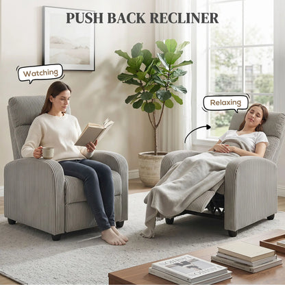 Corduroy Push Back Recliner Chair with Padded Seat, Grey