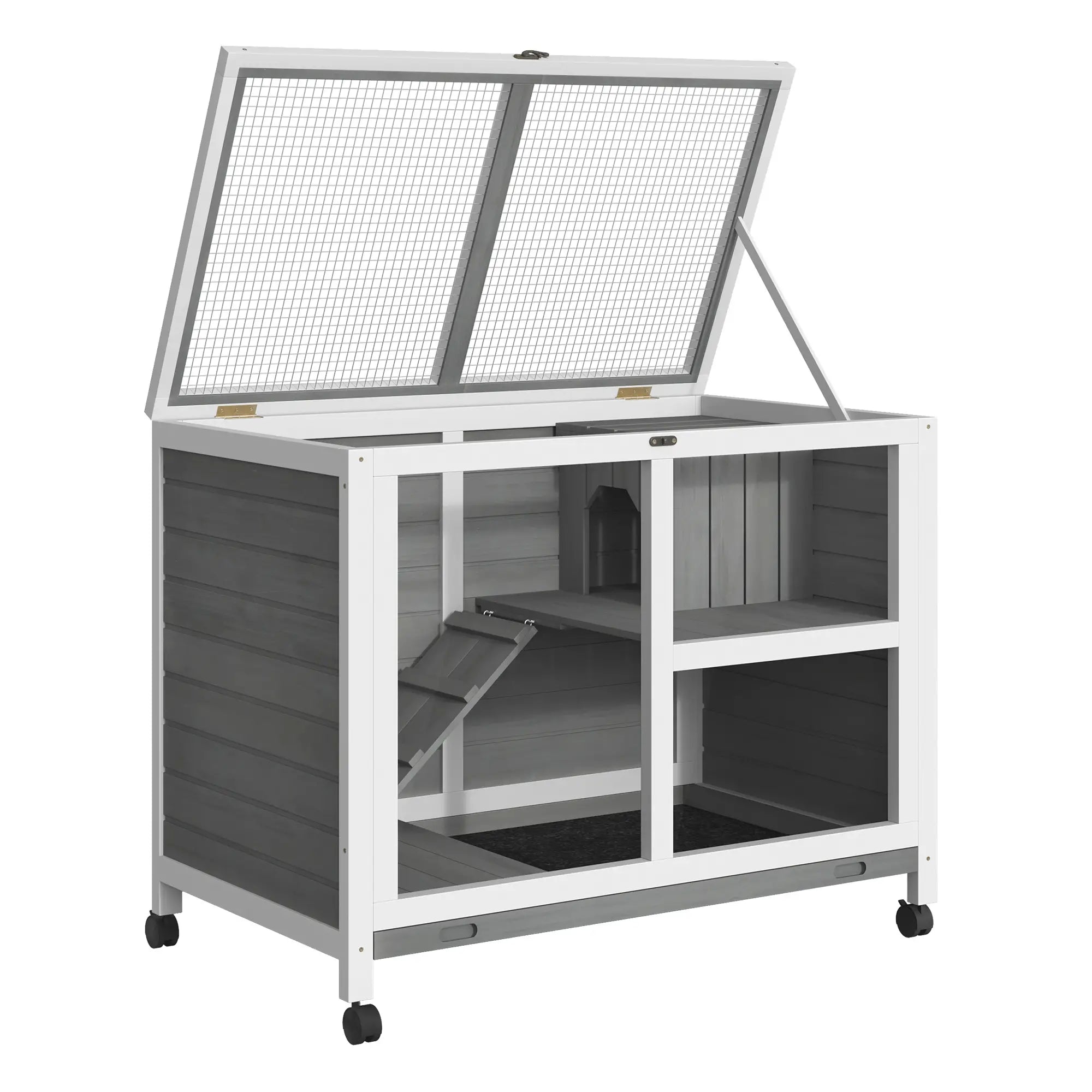 Indoor Rabbit Hutch with Wheels, Bunny Cage, Pull Out Tray, Grey Rabbit Hutch at Gallery Canada