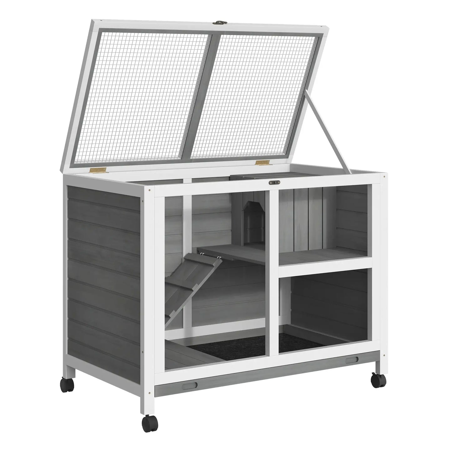 Indoor Rabbit Hutch with Wheels, Bunny Cage, Pull Out Tray, Grey Rabbit Hutch at Gallery Canada