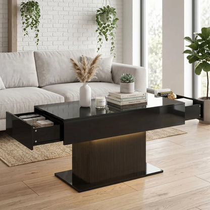 LED Coffee Table with Storage, High Gloss Modern Center Table with 2 Drawers and Remote Control for Living Room, Black