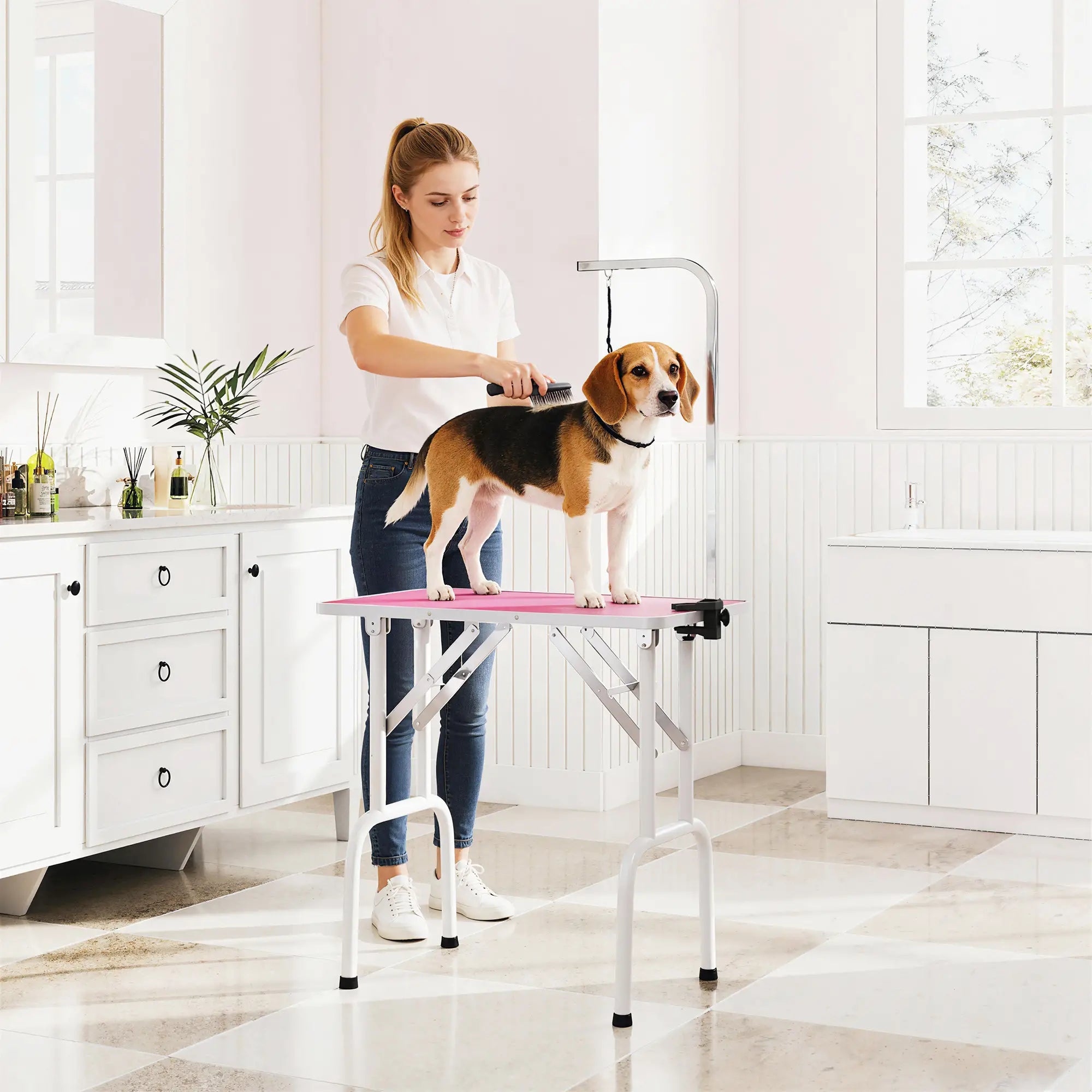 Foldable Pet Grooming Table, Adjustable Arm, Non-Slip, Pink Dog Grooming Tables at Gallery Canada