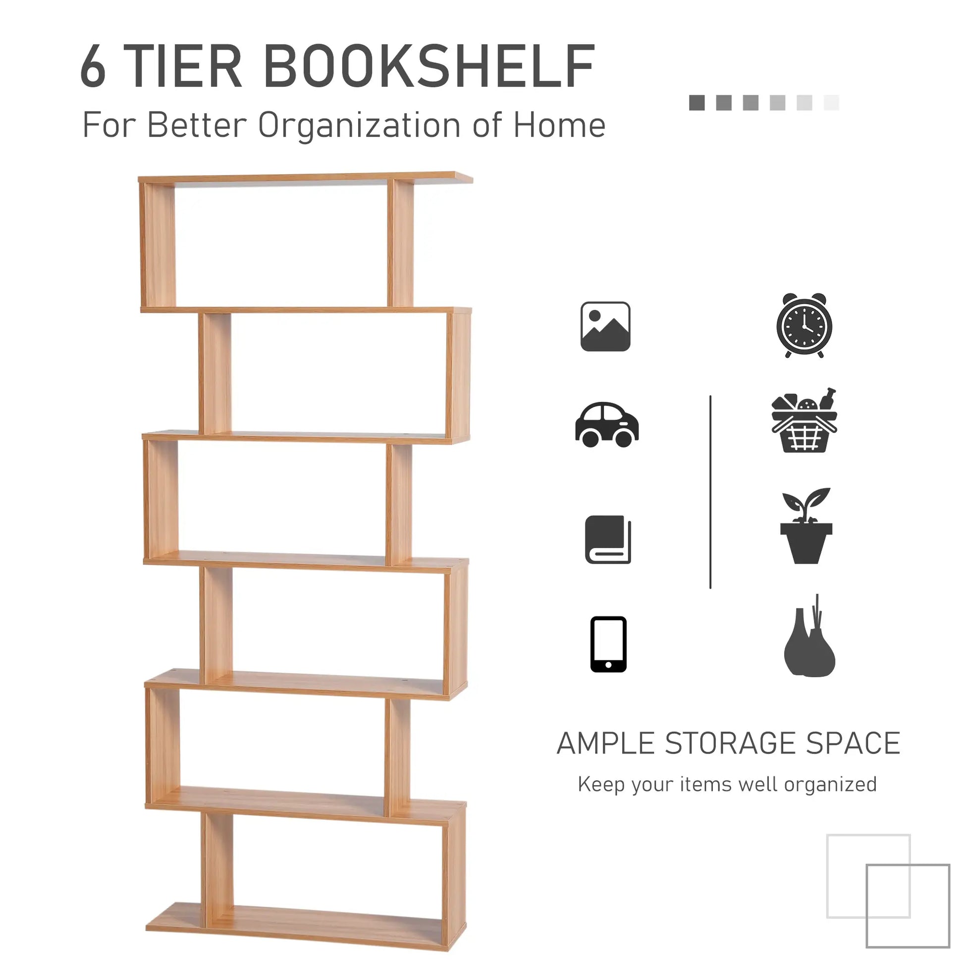 76" 6-Tier Geometric Wooden Bookcase, S Shaped Storage Display, Maple Display Bookshelves at Gallery Canada