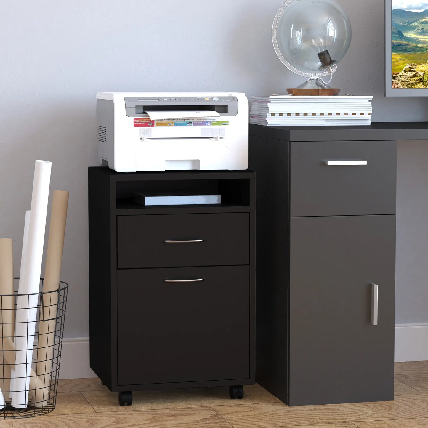 24" Small Filing Cabinet, Open Compartment, Drawer, Wheels, Black Office Cabinets & Cupboards at Gallery Canada