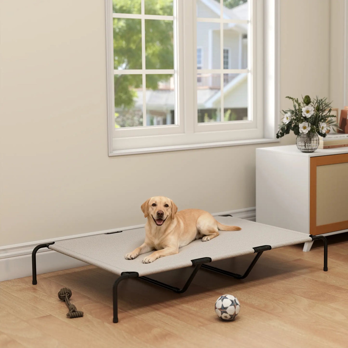 Large Dog Bed, Elevated Outdoor Cot, Breathable Mesh, Beige