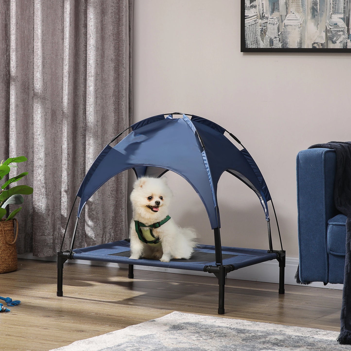 Portable Raised Dog Cot with Canopy, Medium Size, Dark Blue Elevated Dog Beds at Gallery Canada