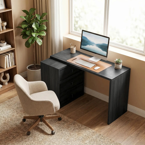 L-Shaped Computer Desk, 3 Drawers, Black Wood Grain, Black