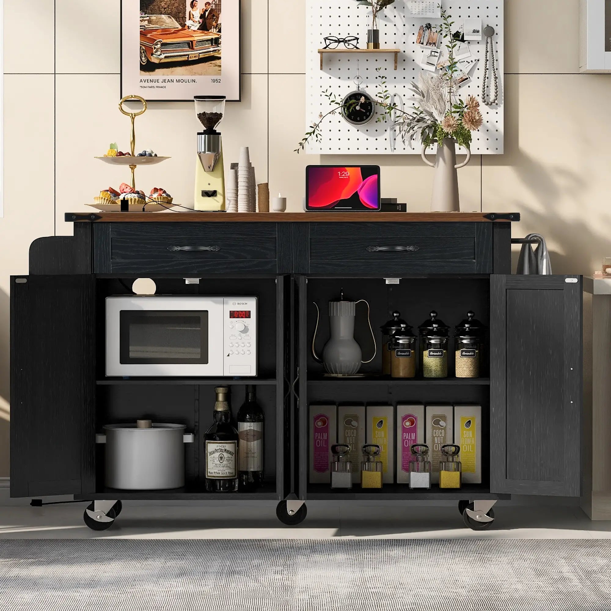 Kitchen Island with Spice Rack, Storage Drawers, Power Outlet, 53.5