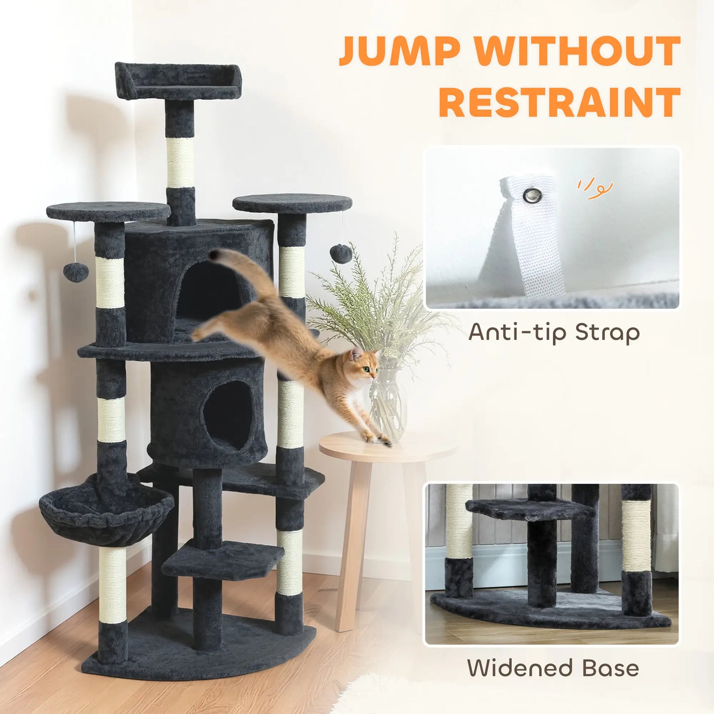 62" Cat Tree, Scratching Post, 2 Condos, Hammock, Perches, Dark Grey