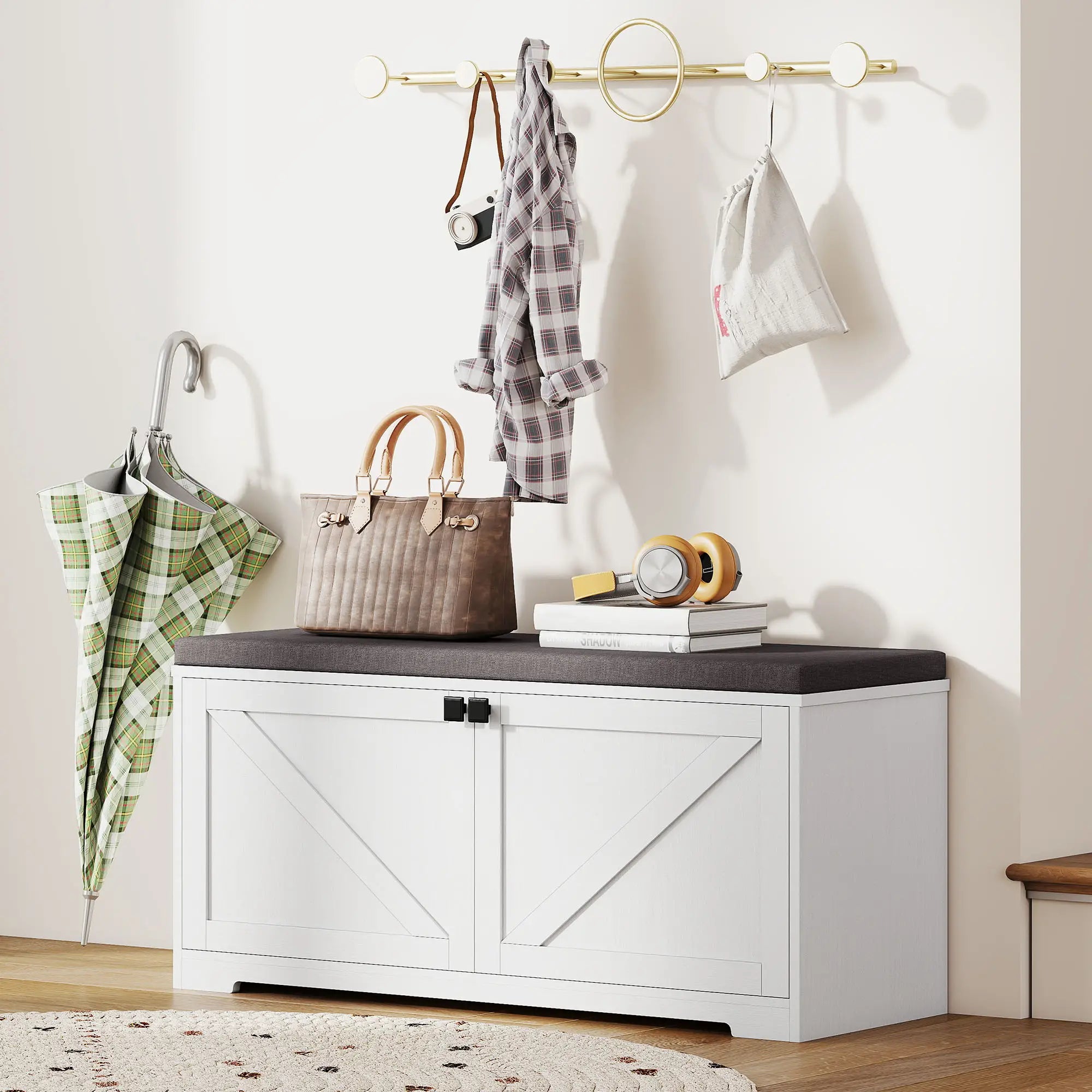 Shoe Storage Bench with Padded Seat, 8 Pairs, White Wood Grain, White Shoe Storage Cabinets & Racks at Gallery Canada