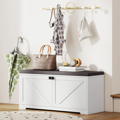 Shoe Storage Bench with Padded Seat, 8 Pairs, White Wood Grain, White Shoe Storage Cabinets & Racks at Gallery Canada