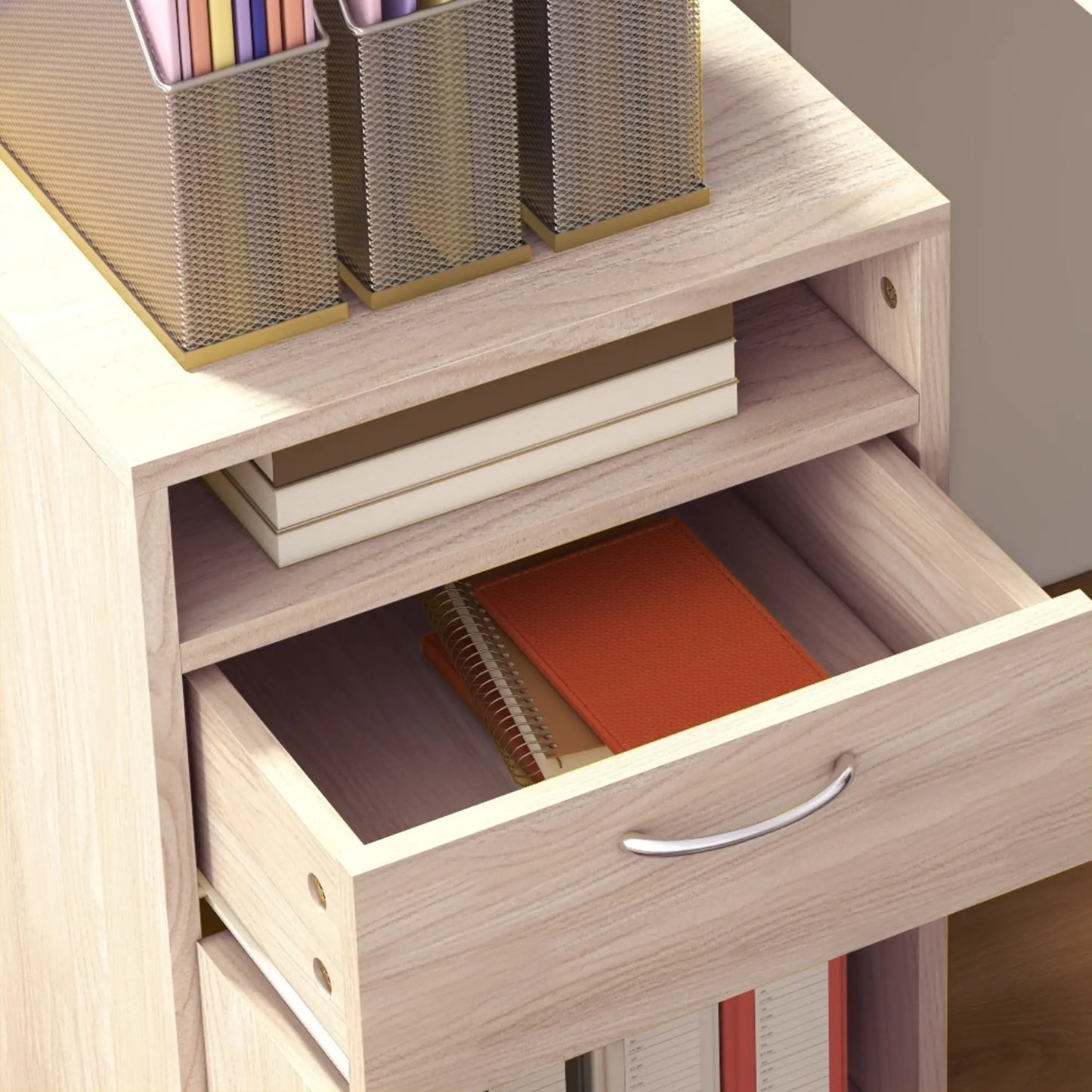 24" Small Filing Cabinet, Open Compartment, Drawer, Wheels, Oak Office Cabinets & Cupboards at Gallery Canada