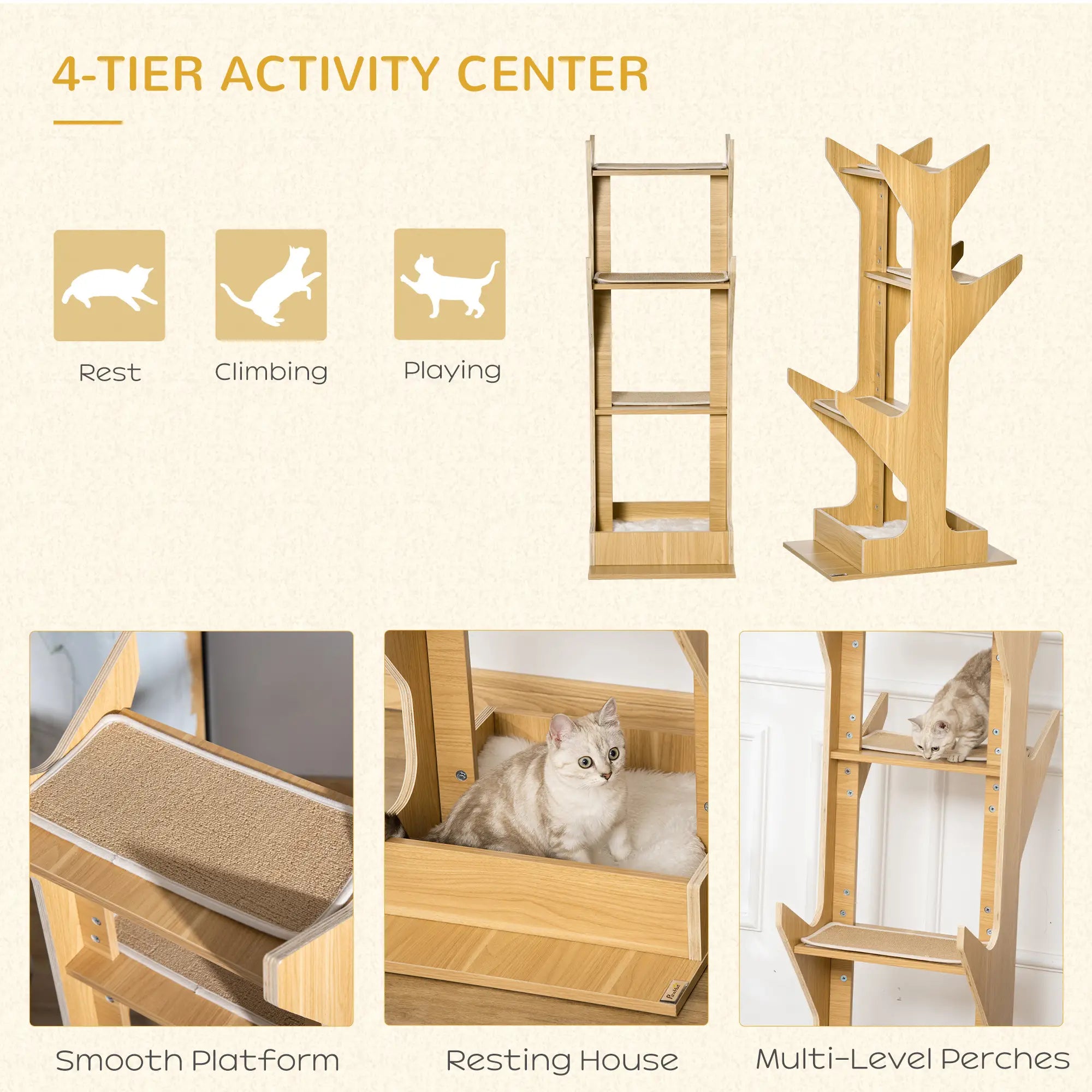 4-Level Cat Tree with Resting House, Activity Center, Oak Cat Towers at Gallery Canada