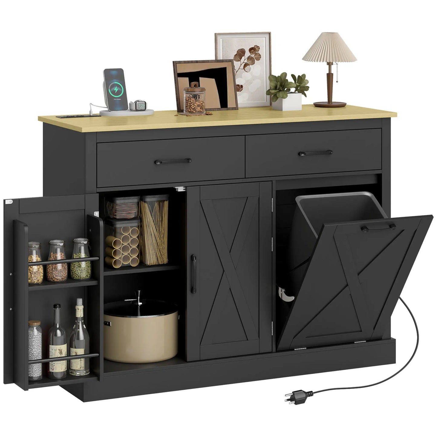 7 Gallon Tilt Out Garbage Cabinet, Kitchen Island With Charging Station, Black Storage Cabinets Oak, Black at Gallery Canada