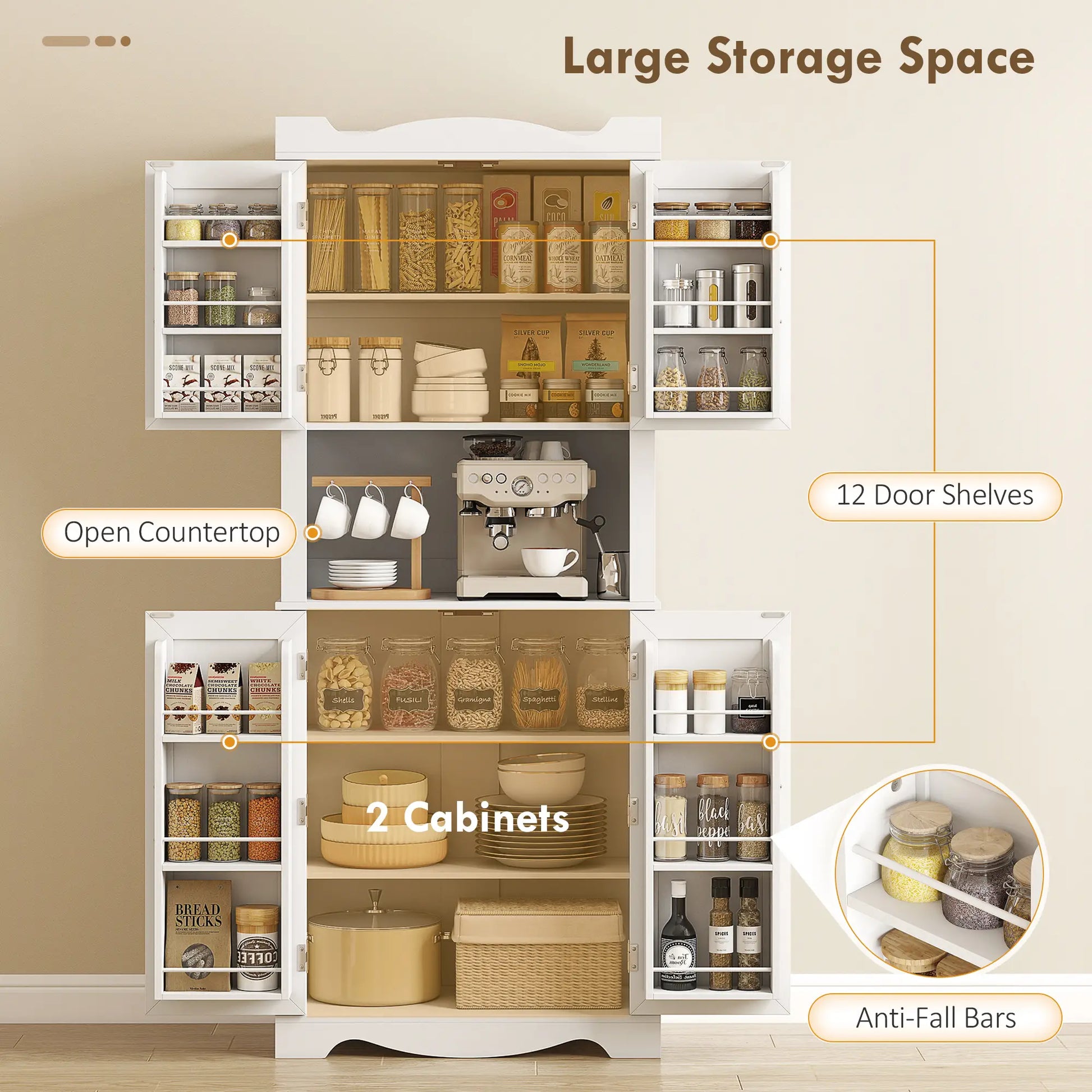 73 Inch Kitchen Pantry Cabinet, Adjustable Shelves, Microwave Stand, White Kitchen Pantry Cabinets at Gallery Canada