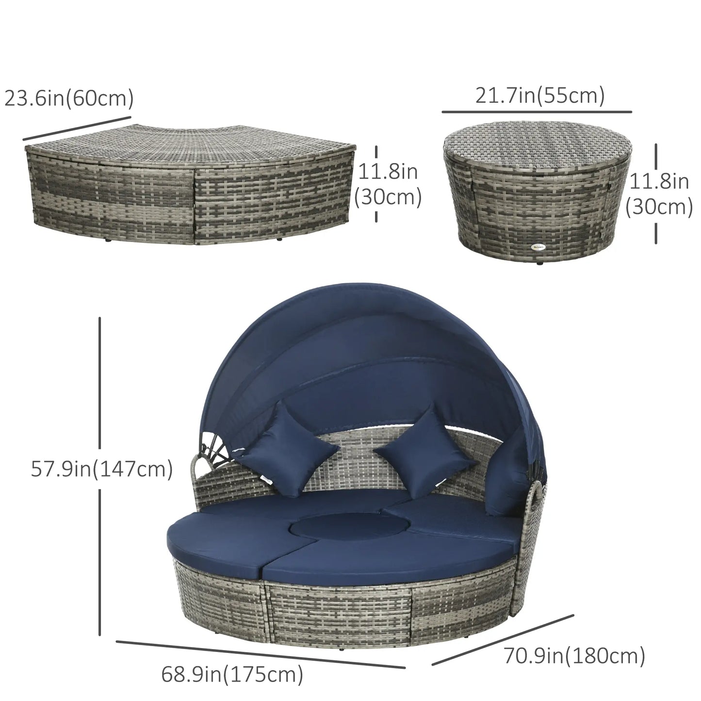 Outdoor Daybed with Retractable Canopy, PE Rattan Wicker Round Sofa, Dark Blue Daybeds at Gallery Canada