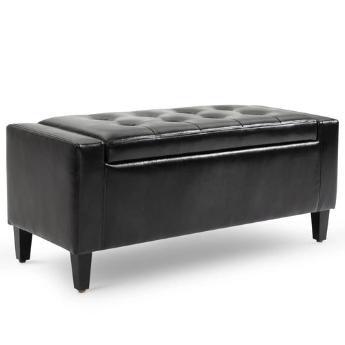 Storage Ottoman Bench, PU Leather Upholstered, Tufted Design, Black