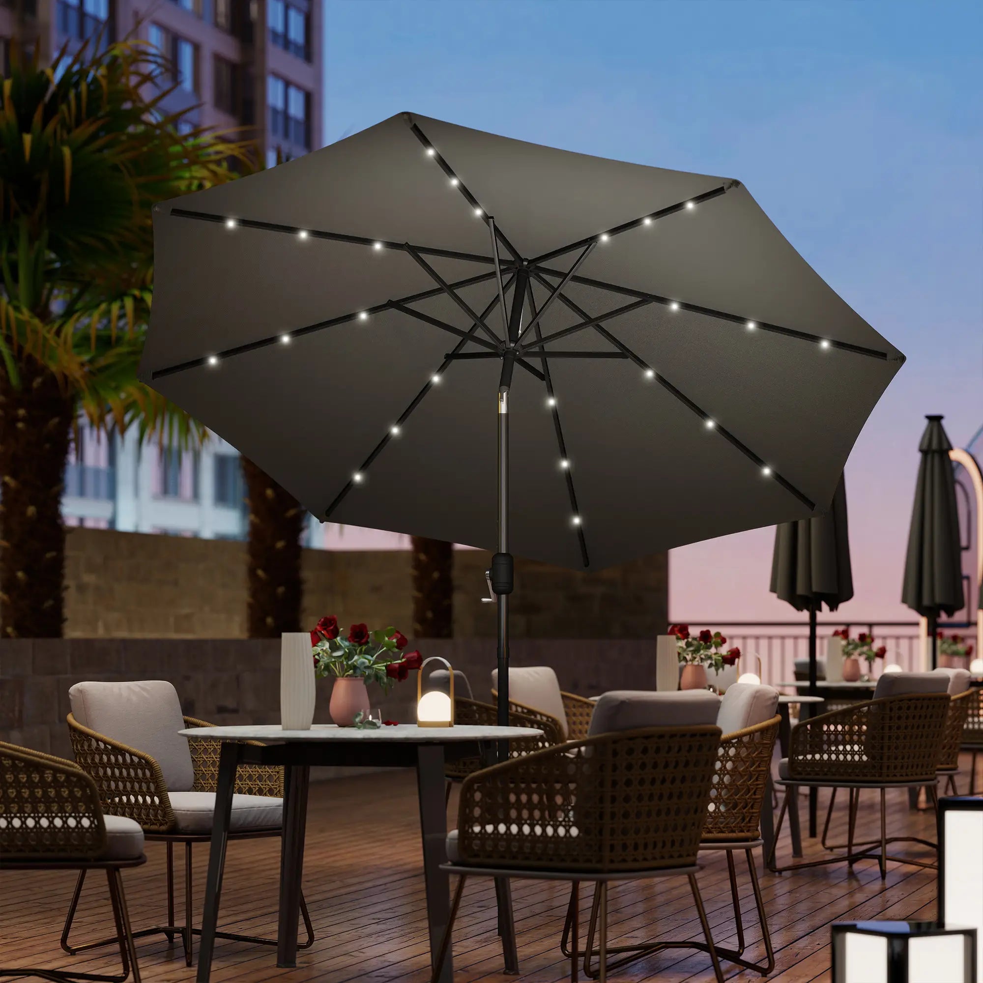 8.8 ft Solar Patio Umbrella, Adjustable LED Lights, Dark Grey Sun Umbrellas at Gallery Canada
