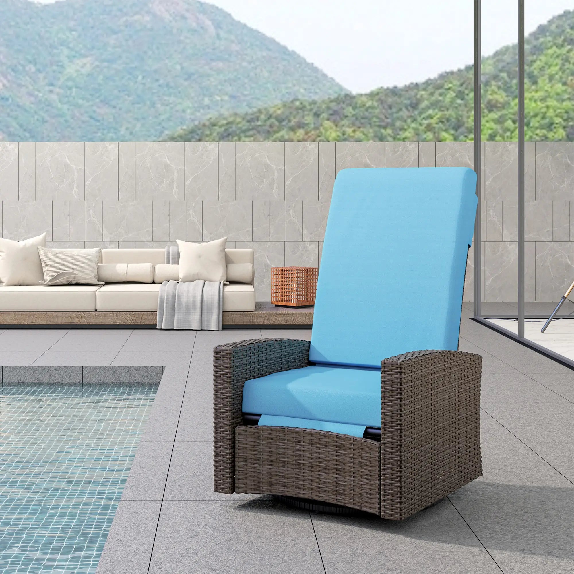 Outdoor Rattan Lounge Chair with Footrest, Soft Cushion, Sky Blue Patio Chairs at Gallery Canada