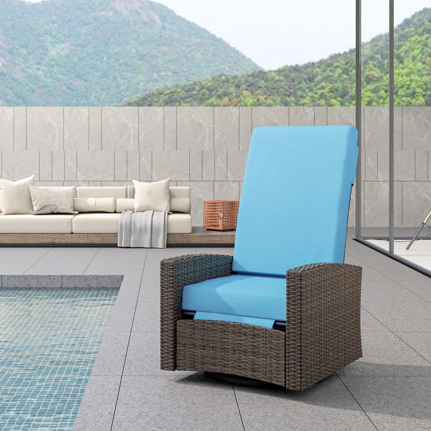 Outdoor Rattan Lounge Chair with Footrest, Soft Cushion, Sky Blue Patio Chairs at Gallery Canada