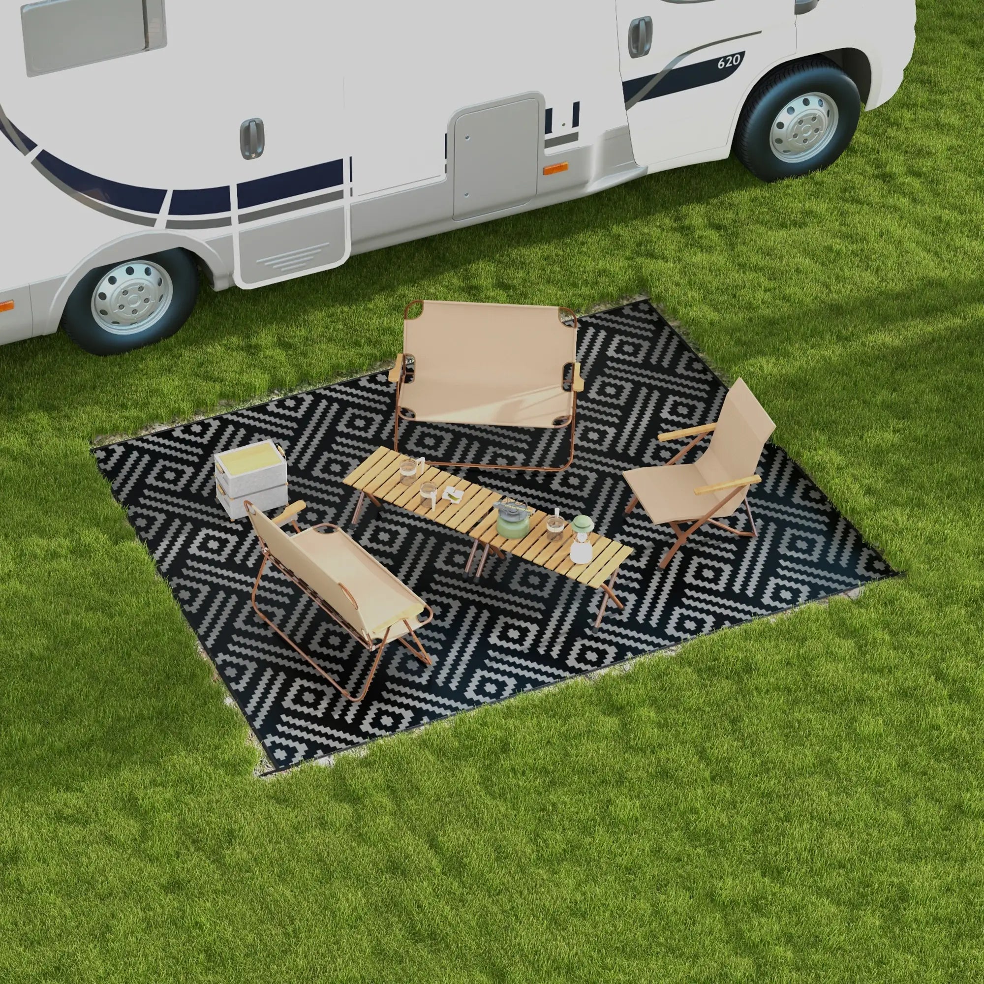 Reversible Outdoor Rug, Waterproof, 9' x 12', Geometric, Black Grey Outdoor Reversible Rugs at Gallery Canada