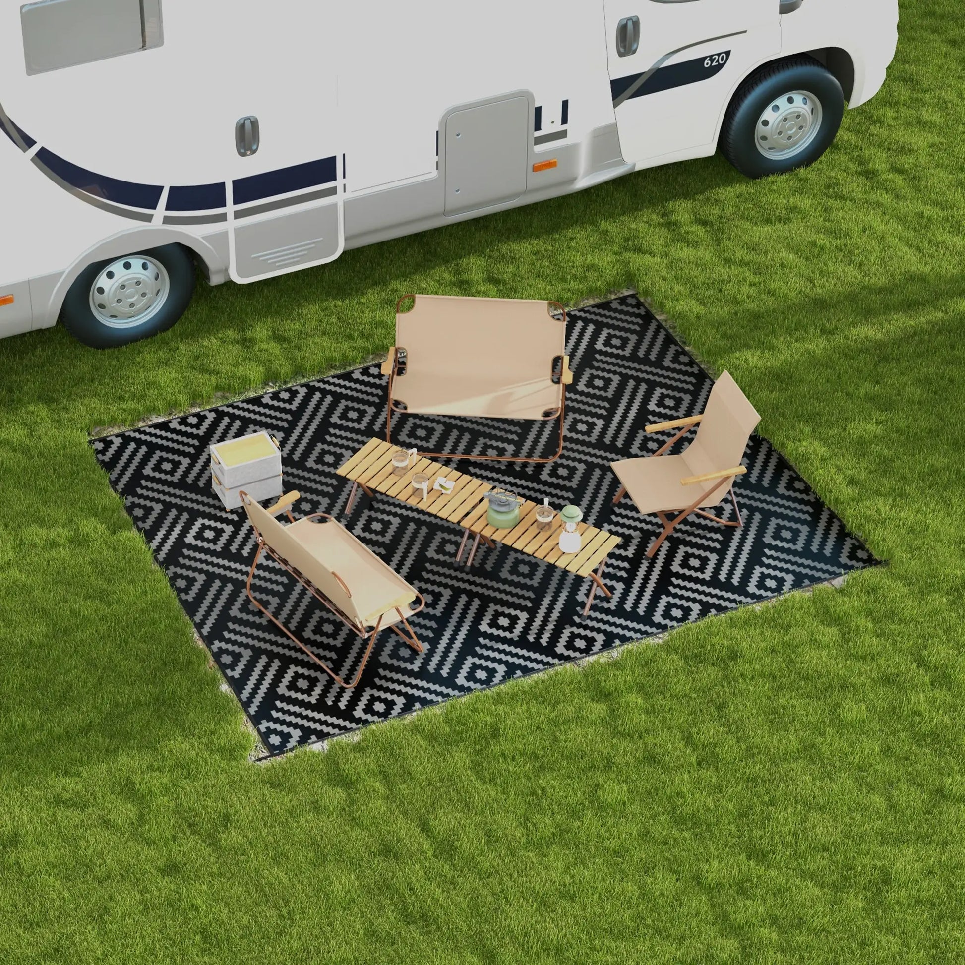 Reversible Outdoor Rug, Waterproof, 9' x 12', Geometric, Black Grey Outdoor Reversible Rugs at Gallery Canada