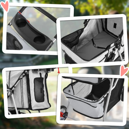 3 Wheel Foldable Dog Stroller, Storage Basket, Adjustable Canopy, Cupholder, Grey Dog Bike Trailers & Strollers at Gallery Canada