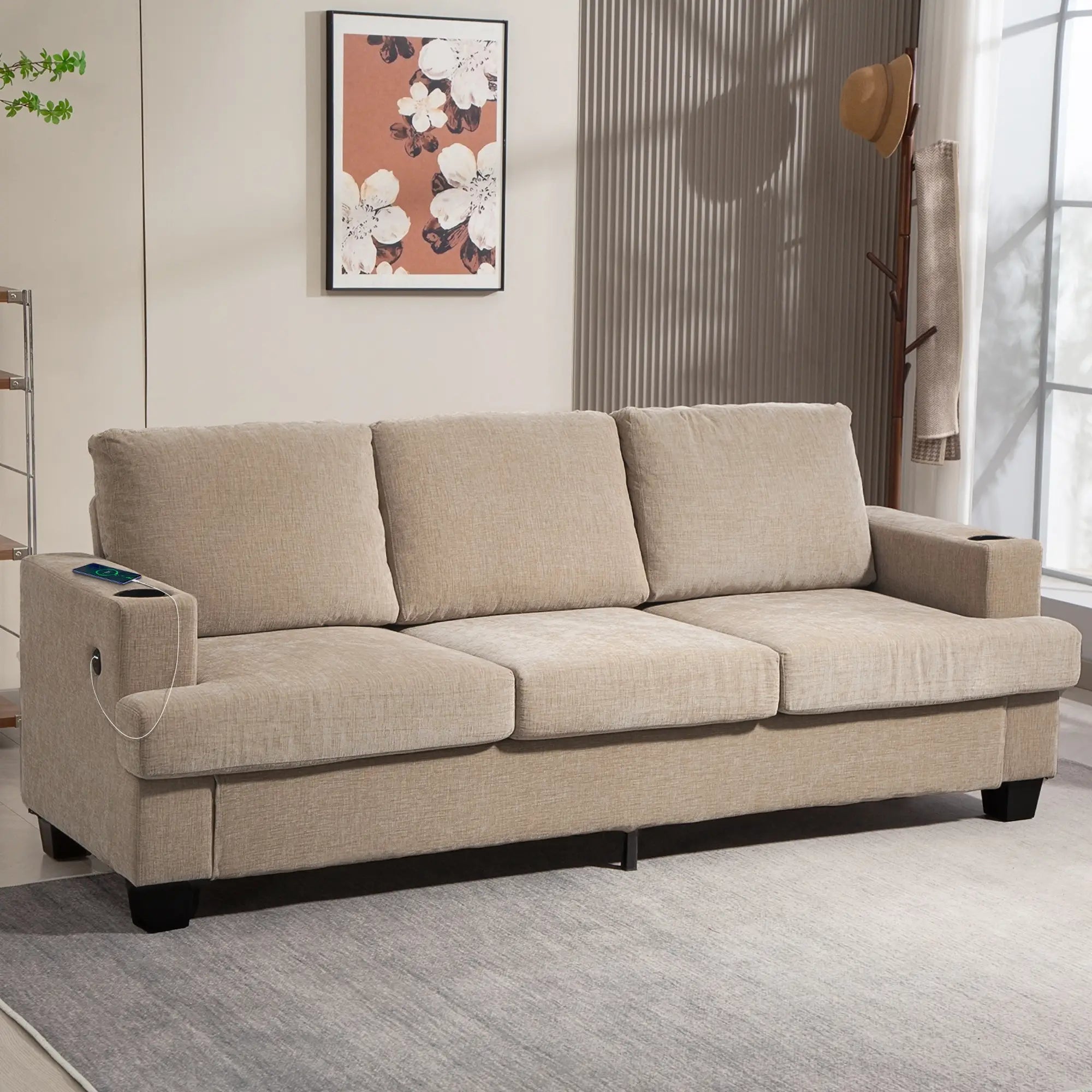 3 Seater Sofa with USB Ports, Cup Holders, Chenille Upholstery, Light Brown 3-Seater Sofas at Gallery Canada
