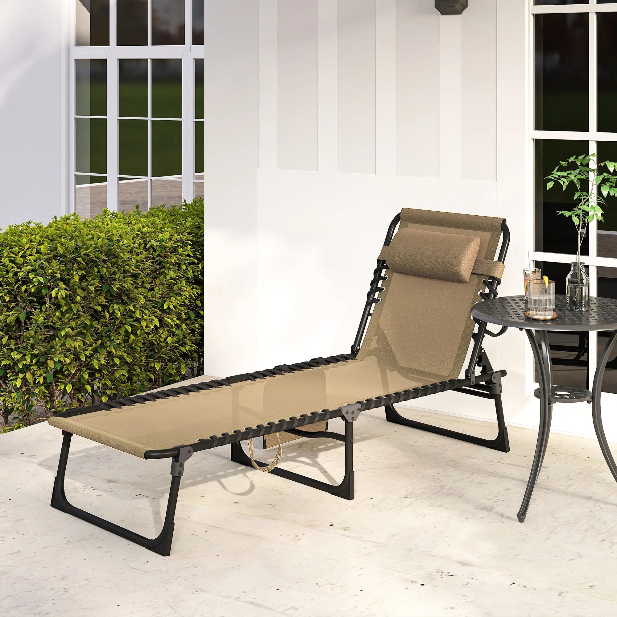 Outdoor Folding Chaise Lounge, Adjustable Backrest, Removable Pillow, Beige Lounger Chairs at Gallery Canada