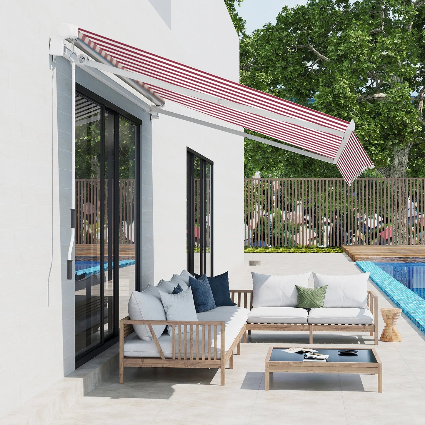 10' x 8' Manual Retractable Awning, Sun Shade Canopy, Aluminum Frame, UV Protection, White Stripe, Wine Red Patio Awnings at Gallery Canada