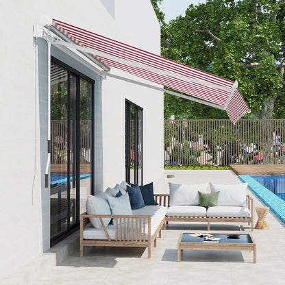 10' x 8' Manual Retractable Awning, Sun Shade Canopy, Aluminum Frame, UV Protection, White Stripe, Wine Red Patio Awnings at Gallery Canada