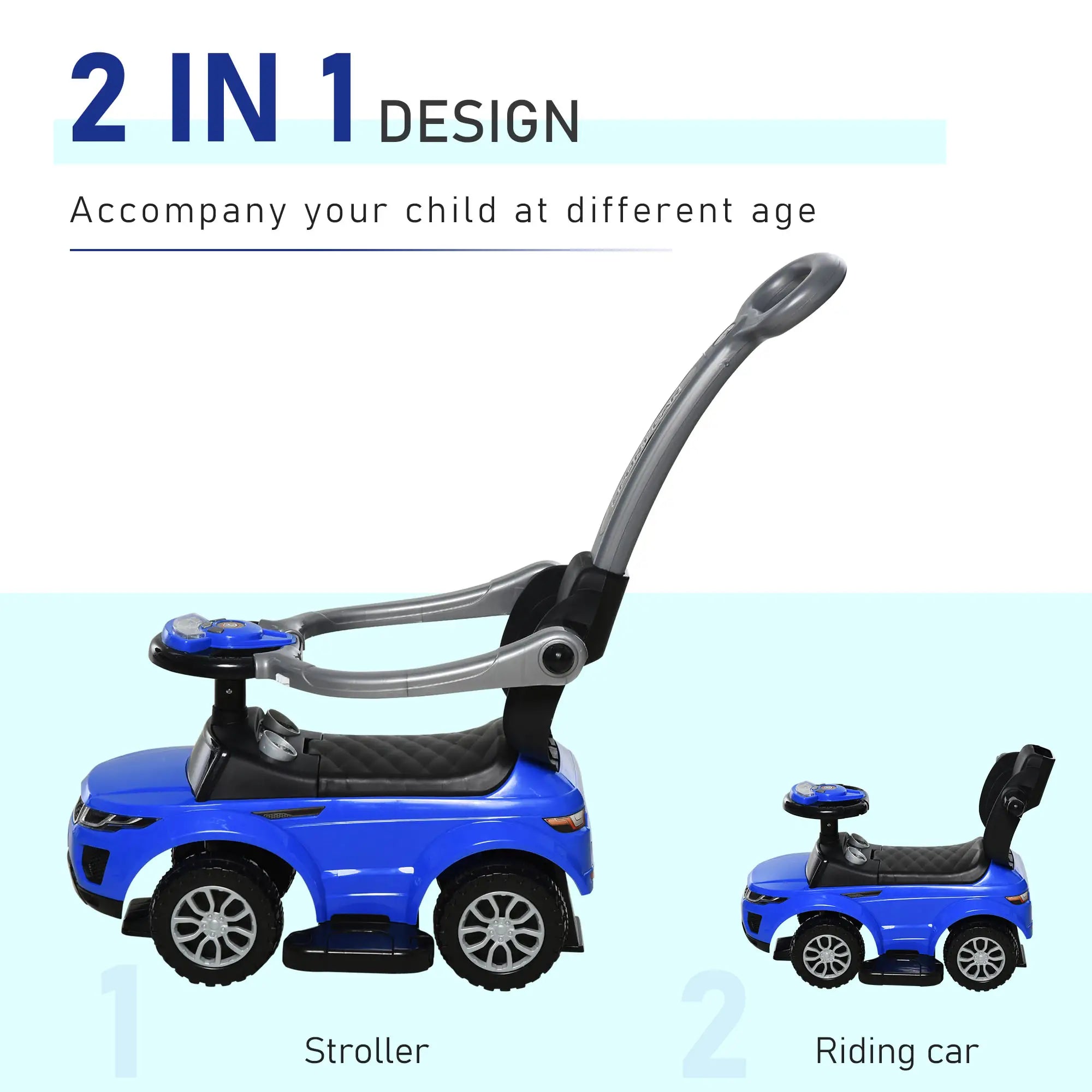 2 in 1 Kid Ride on Push Car Stroller, Sliding Ride on Car with Horn, Music, Light, Secure Bar, Blue Push Cars for Toddlers at Gallery Canada