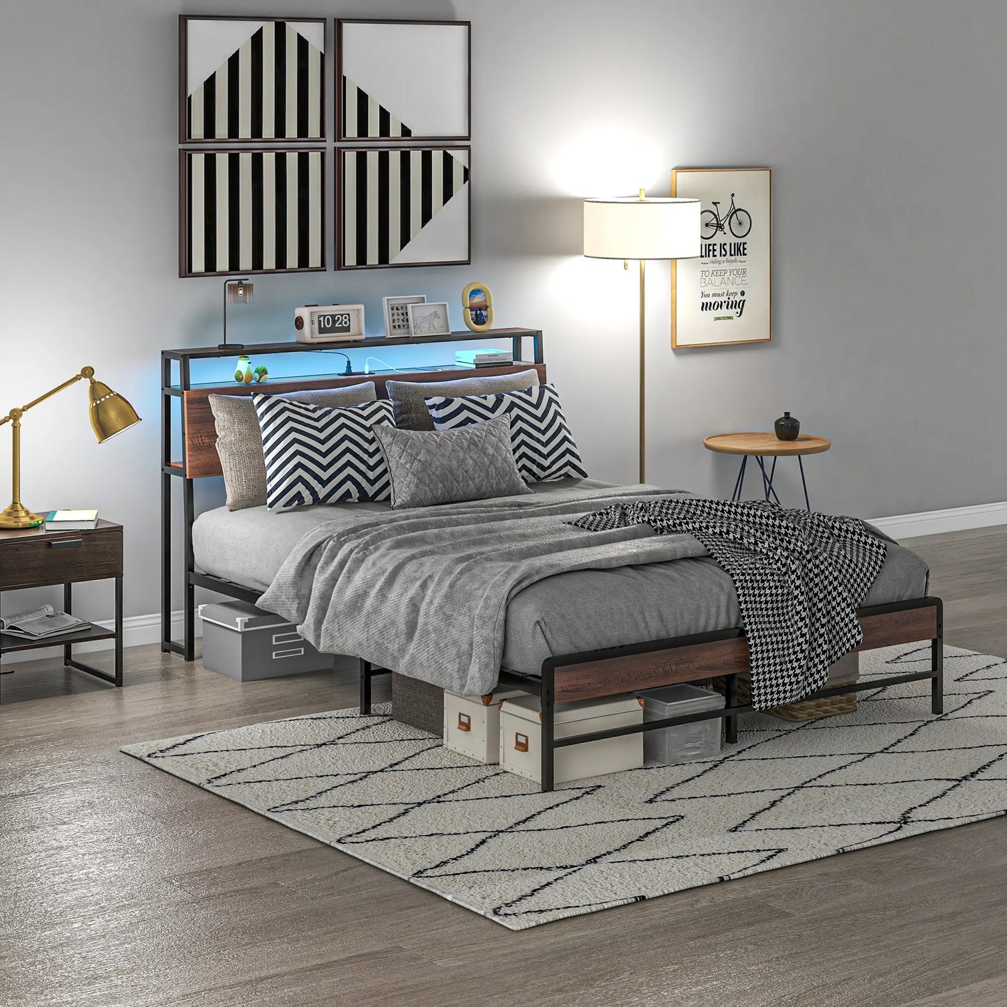 Queen Size Bed Frame with LED Lights, Charging Station, Storage Headboard, Walnut Bedroom Furniture at Gallery Canada