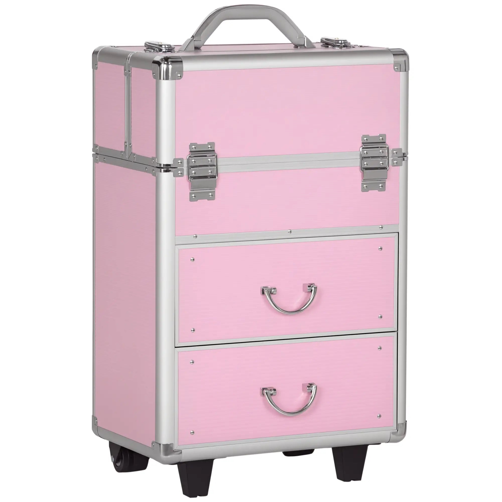 Rolling Makeup Train Case, Large Storage Cosmetic Trolley, Lockable Traveling Cart Trunk with Folding Trays, Swivel Wheels Makeup Cases Pink at Gallery Canada