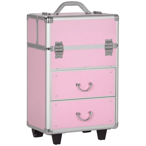 Rolling Makeup Train Case, Large Storage Cosmetic Trolley, Lockable Traveling Cart Trunk with Folding Trays, Swivel Wheels