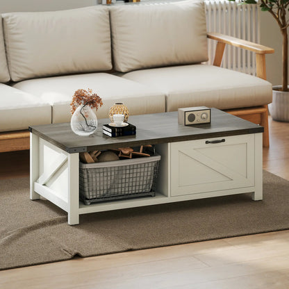 Farmhouse Coffee Table with Drawer, Open Shelf, Distressed White Coffee Tables at Gallery Canada