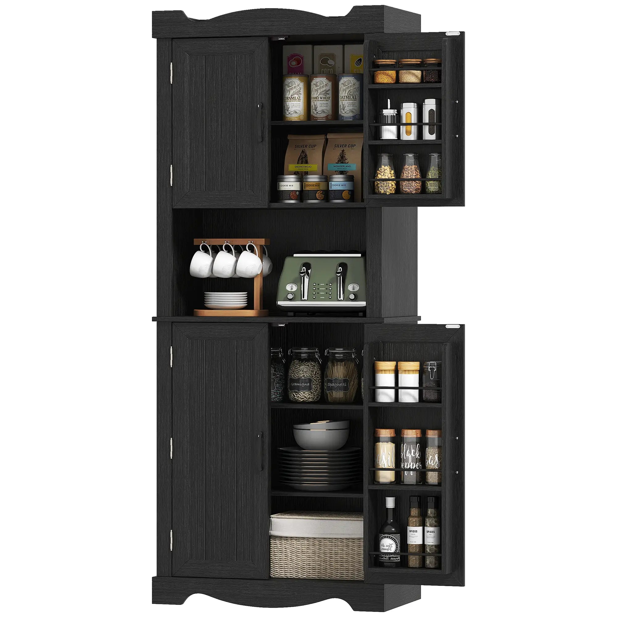 73 Inch Kitchen Pantry Cabinet, Freestanding Hutch, 12 Shelves, Black Kitchen Pantry Cabinets Black at Gallery Canada