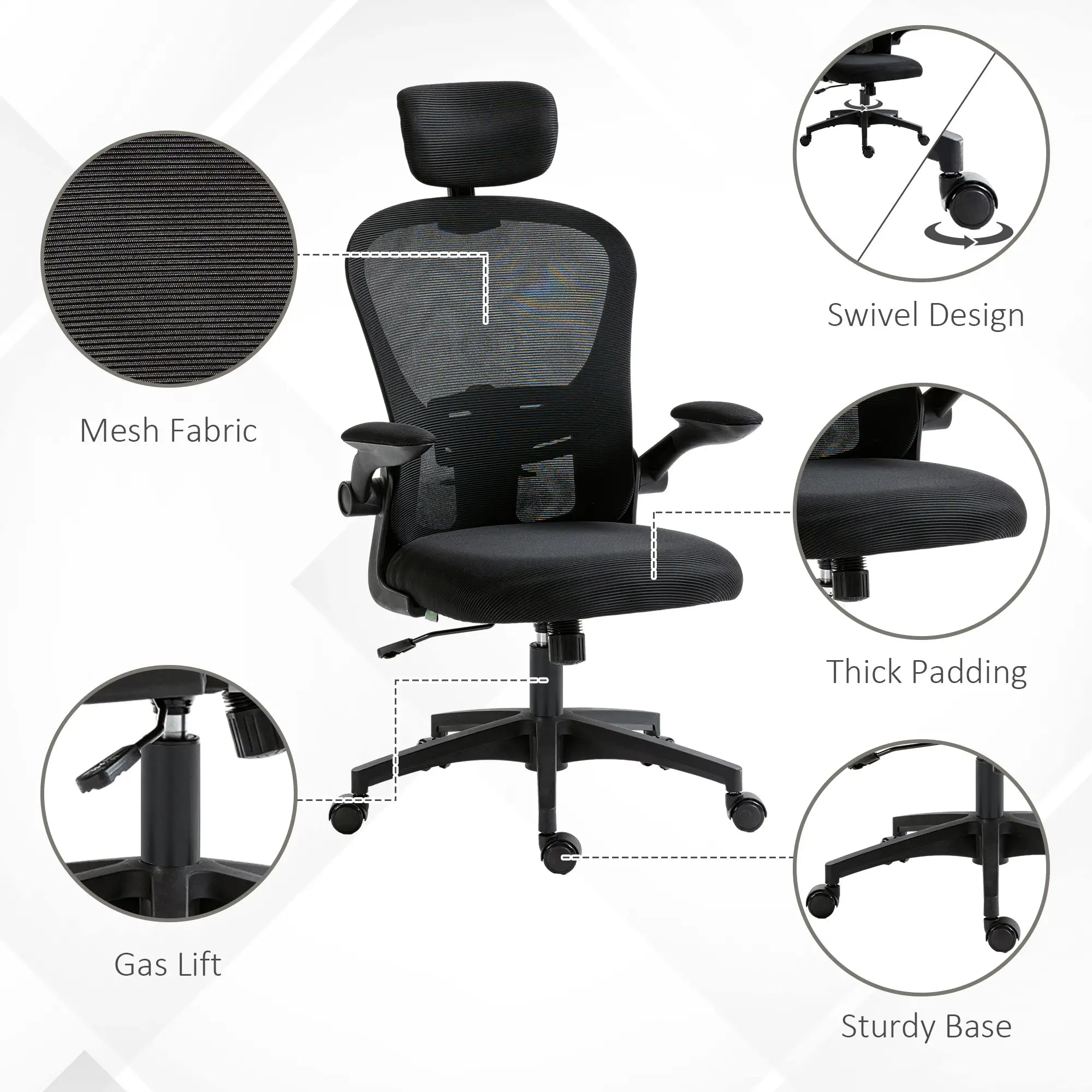 Mesh Office Chair, Adjustable Headrest, 4D Lumbar Support, Flip-Up Arm, Black Office Chairs at Gallery Canada