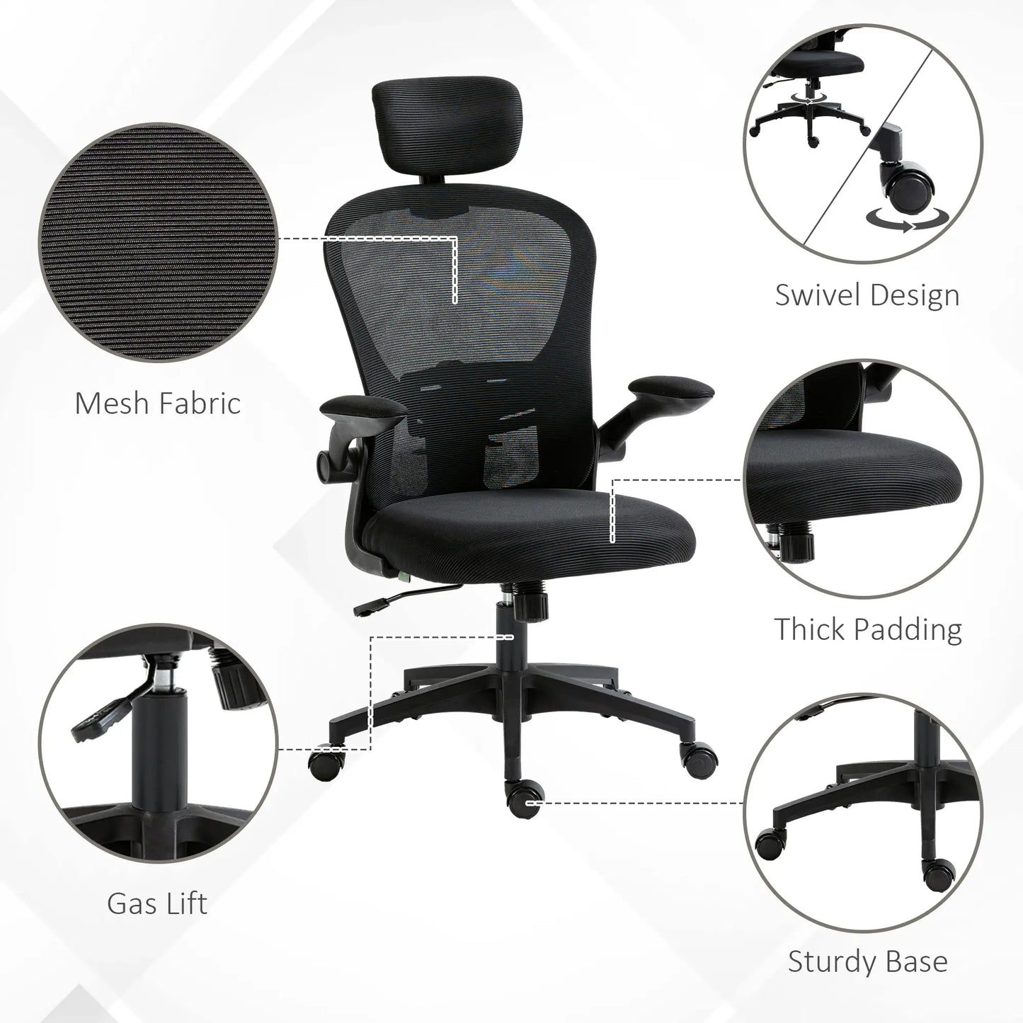 Mesh Office Chair, Adjustable Headrest, 4D Lumbar Support, Flip-Up Arm, Black Office Chairs at Gallery Canada