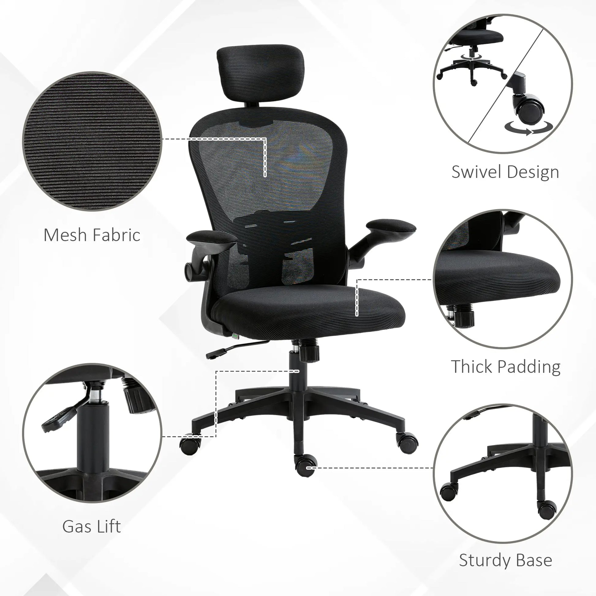 Mesh Office Chair, Adjustable Headrest, 4D Lumbar Support, Flip-Up Arm, Black Office Chairs at Gallery Canada
