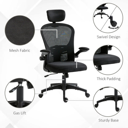 Mesh Office Chair, Adjustable Headrest, 4D Lumbar Support, Flip-Up Arm, Black Office Chairs at Gallery Canada